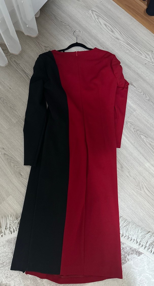 Bordo Siyah Drapeli Uzun Elbise - Görsel 4