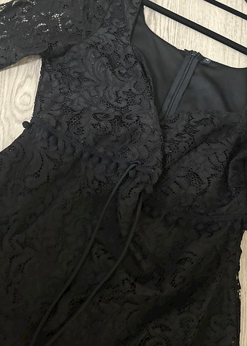 Dantel İşlemeli Siyah Midi Elbise - Görsel 4