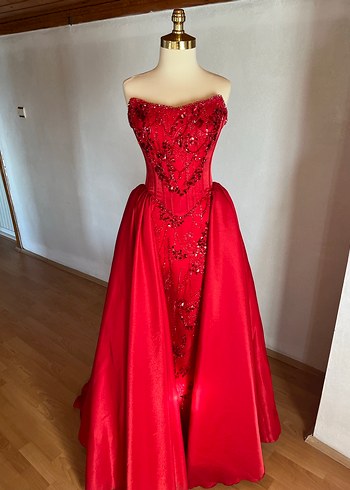 Kına elbisesi Kırmızı Straplez Drapeli Uzun Abiye Elbise - Görsel 6