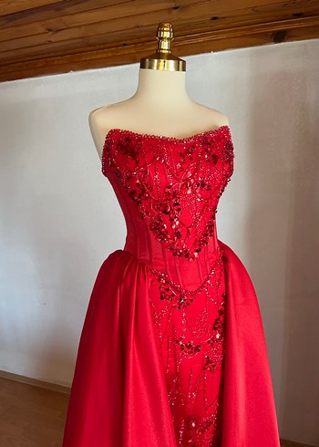 Kına elbisesi Kırmızı Straplez Drapeli Uzun Abiye Elbise - Görsel 5