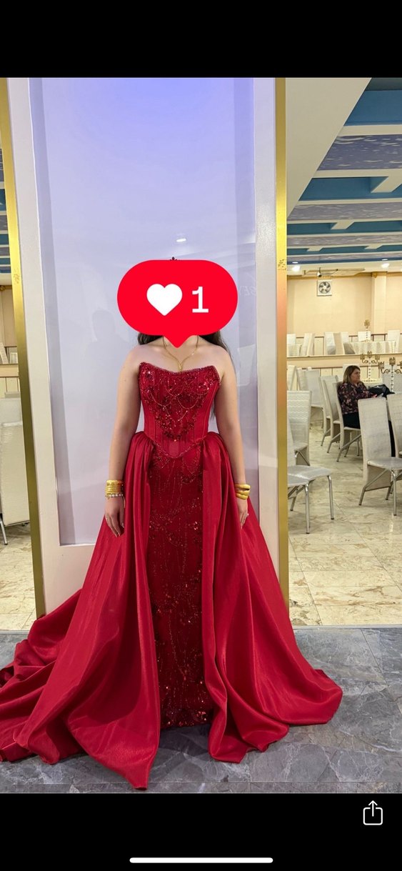 Kına elbisesi Kırmızı Straplez Drapeli Uzun Abiye Elbise - Görsel 4