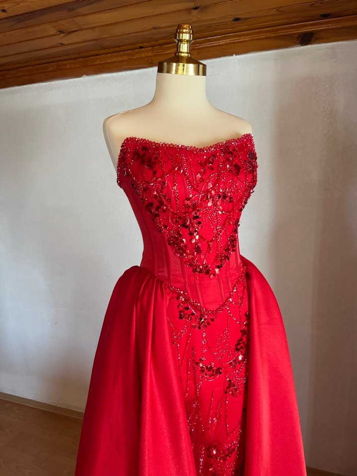 Kına elbisesi Kırmızı Straplez Drapeli Uzun Abiye Elbise - Görsel 5