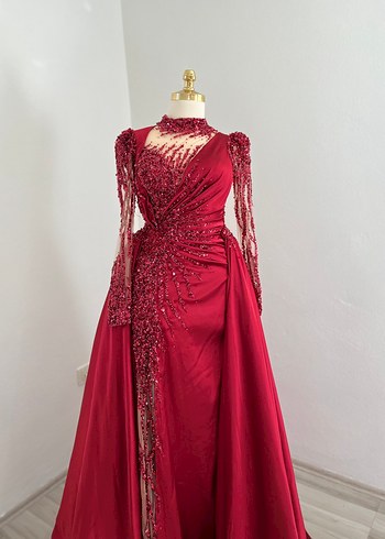 Kına elbise bordo Uzun Kollu V Yakalı Abiye Elbise - Görsel 3