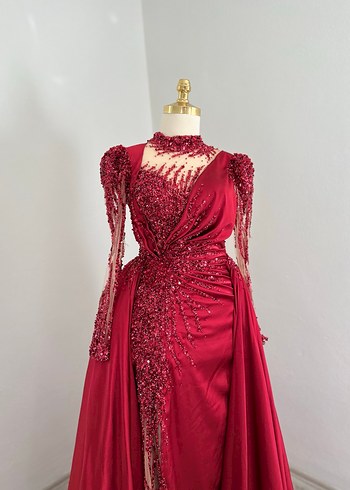 Kına elbise bordo Uzun Kollu V Yakalı Abiye Elbise - Görsel 6