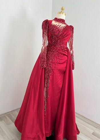 Kına elbise bordo Uzun Kollu V Yakalı Abiye Elbise - Görsel 4