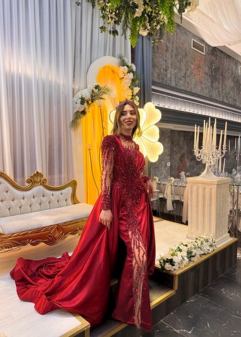 Kına elbise bordo Uzun Kollu V Yakalı Abiye Elbise - Görsel 2