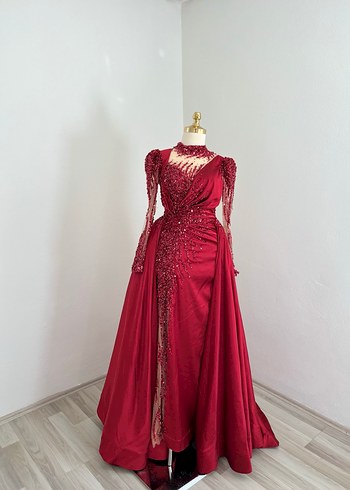 Kına elbise bordo Uzun Kollu V Yakalı Abiye Elbise - Görsel 7