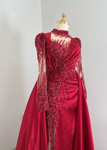 Kına elbise bordo Uzun Kollu V Yakalı Abiye Elbise - Görsel 5