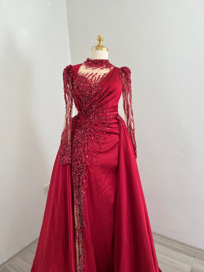 Kına elbise bordo Uzun Kollu V Yakalı Abiye Elbise - Görsel 3