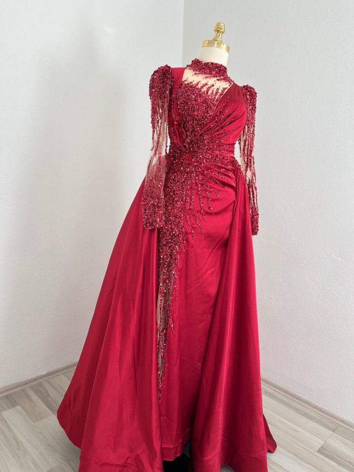 Kına elbise bordo Uzun Kollu V Yakalı Abiye Elbise - Görsel 4