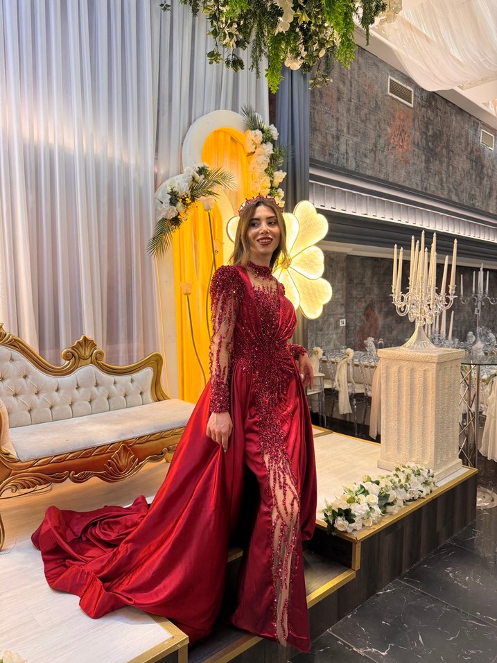 Kına elbise bordo Uzun Kollu V Yakalı Abiye Elbise - Görsel 2