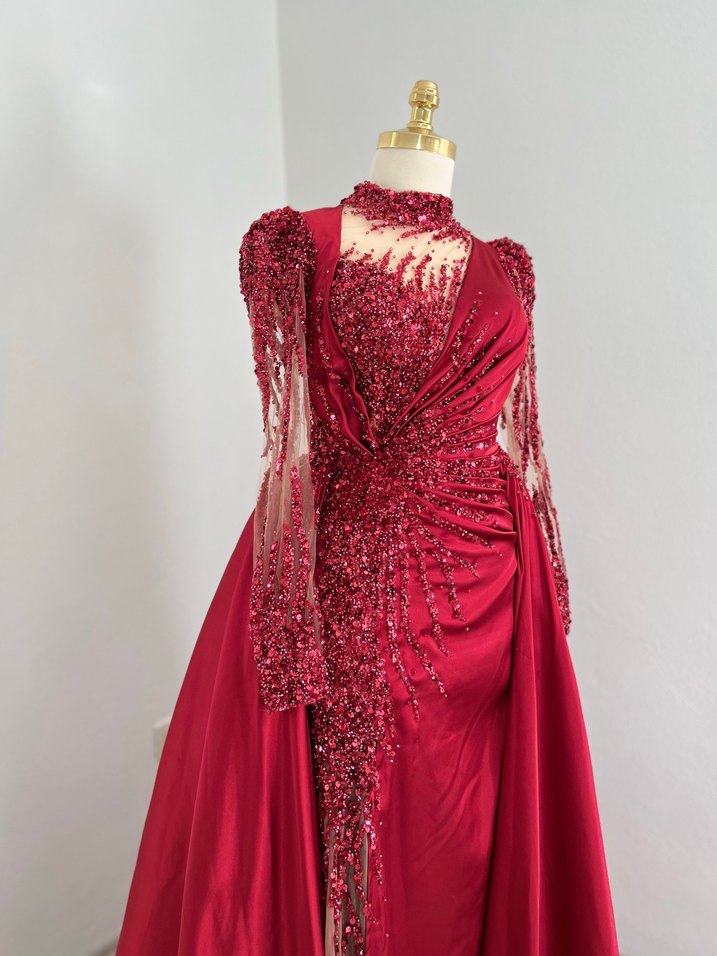 Kına elbise bordo Uzun Kollu V Yakalı Abiye Elbise - Görsel 5