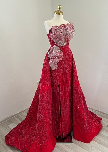 Kına elbisesi Straplez Kırmızı Nakışlı - Görsel 3