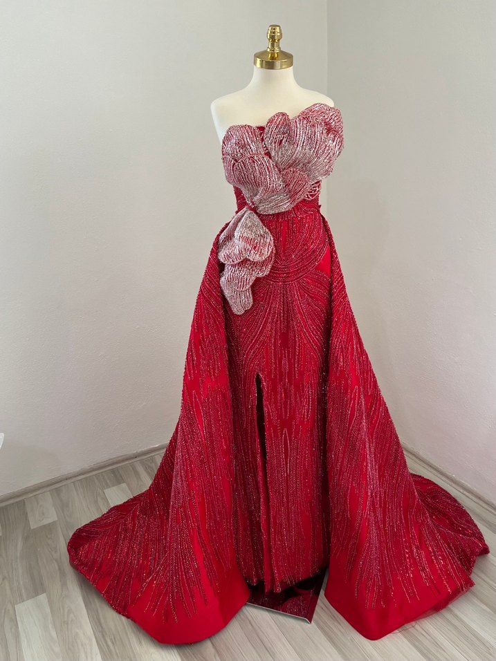 Kına elbisesi Straplez Kırmızı Nakışlı - Görsel 4