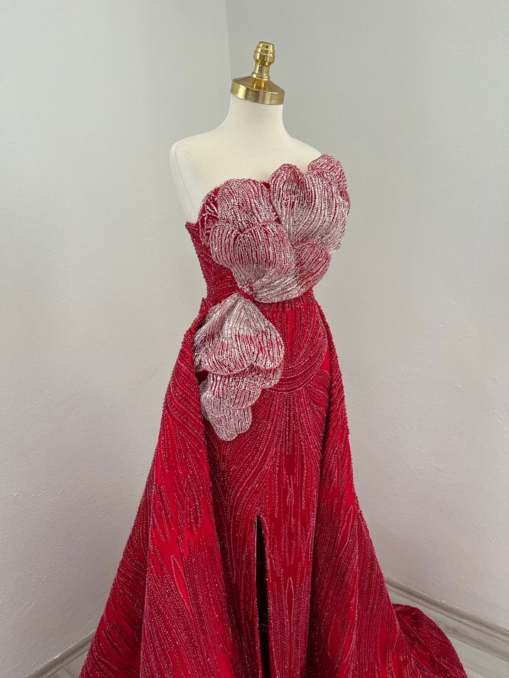 Kına elbisesi Straplez Kırmızı Nakışlı - Görsel 2