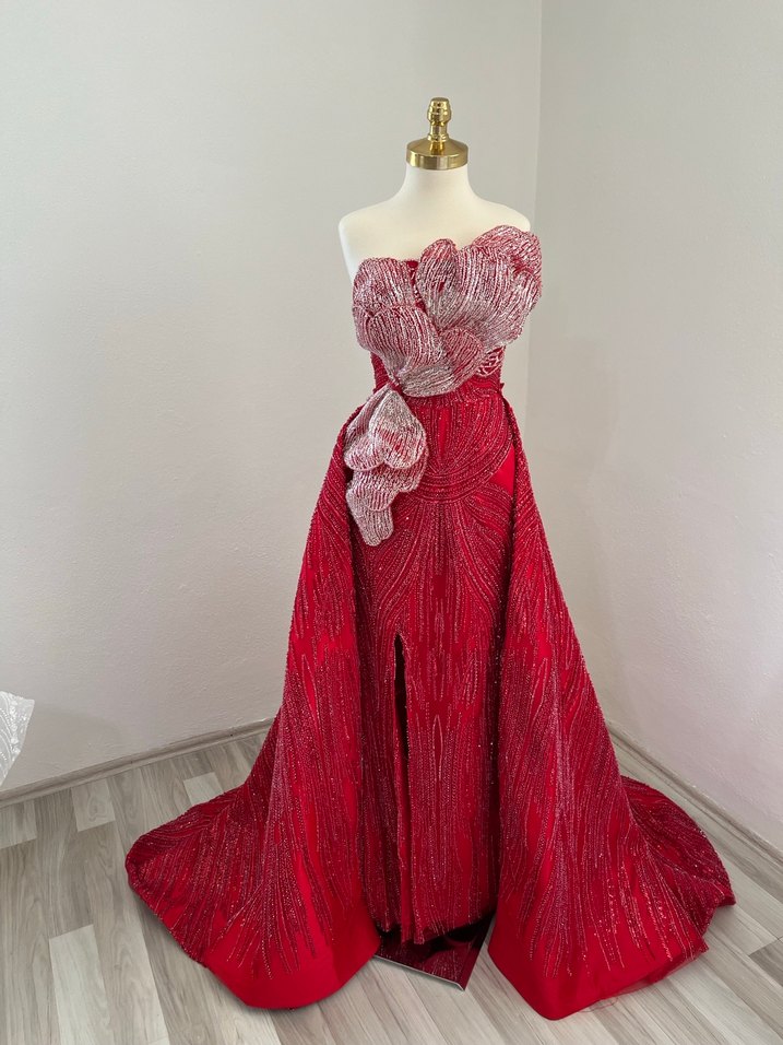 Kına elbisesi Straplez Kırmızı Nakışlı - Görsel 5