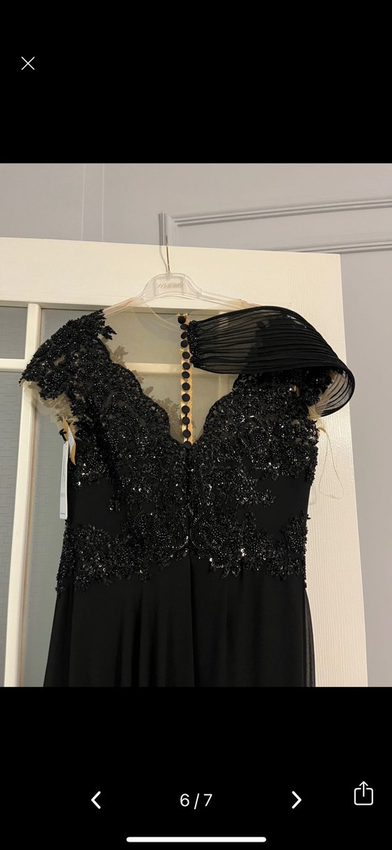 Drapeli Nakışlı Siyah Midi Abiye Elbise - Görsel 5