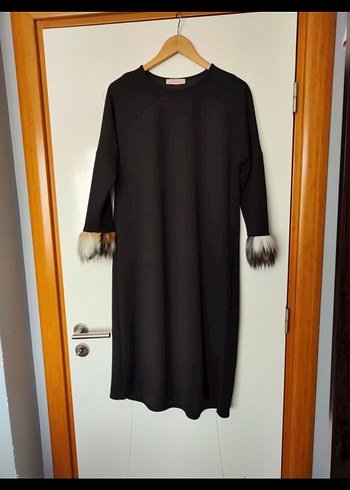 Kürk Detaylı Siyah Kadın Uzun tunik elbise - Görsel 2