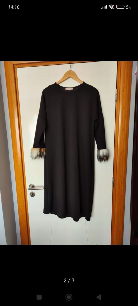 Kürk Detaylı Siyah Kadın Uzun tunik elbise - Görsel 2