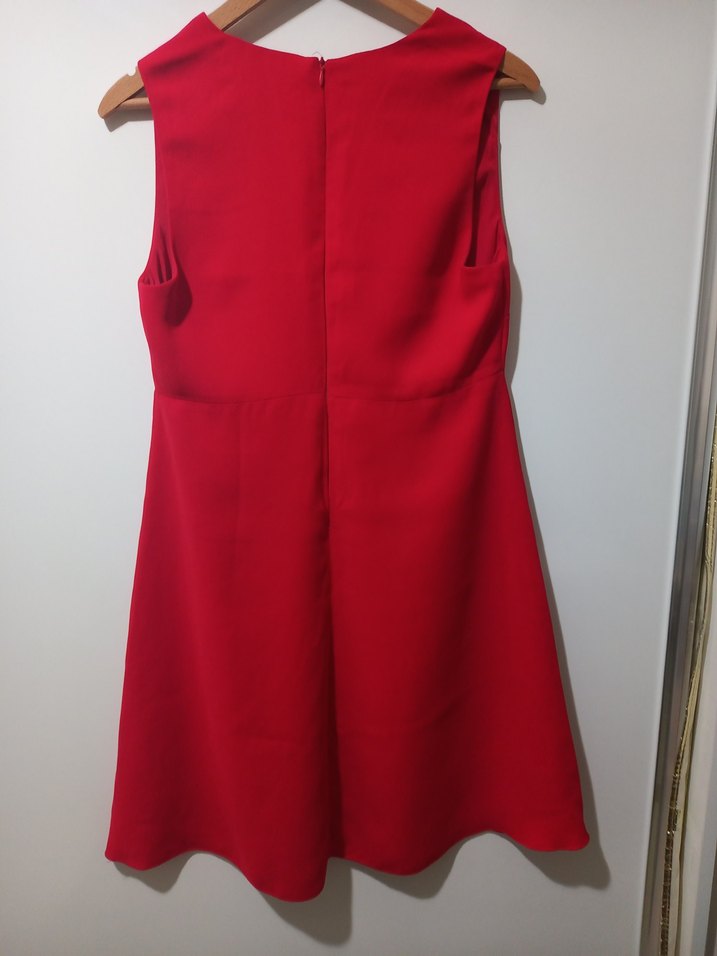 Kolsuz Kırmızı Midi V Yaka Kadın Elbise - Görsel 2