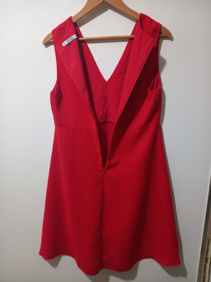 Kolsuz Kırmızı Midi V Yaka Kadın Elbise - Görsel 5