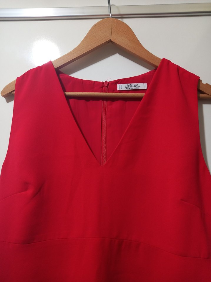 Kolsuz Kırmızı Midi V Yaka Kadın Elbise - Görsel 3