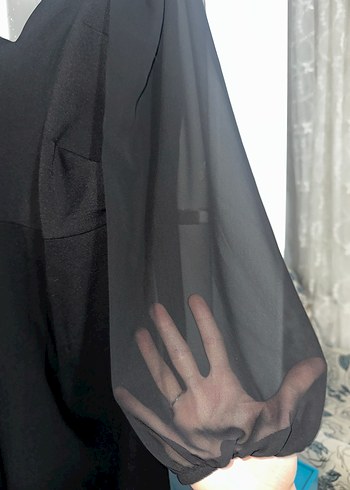 44 Beden Siyah V Yaka Uzun Kollu Gotik Midi Elbise