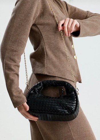 Siyah Deri Örgü Desenli Kadın Çanta - Görsel 3