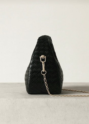 Siyah Deri Örgü Desenli Kadın Çanta - Görsel 2