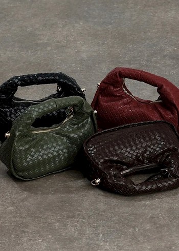 Siyah Deri Örgü Desenli Kadın Çanta - Görsel 4