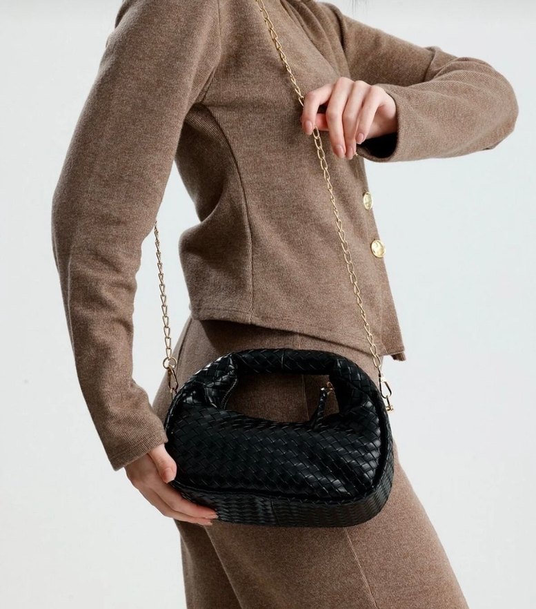 Siyah Deri Örgü Desenli Kadın Çanta - Görsel 3