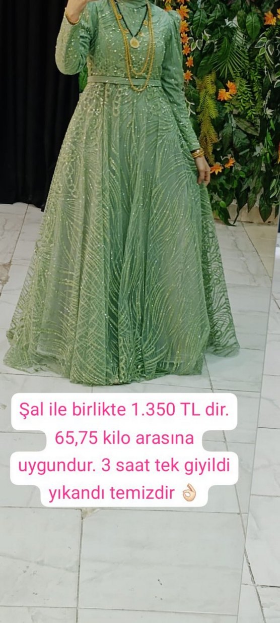 Yeşil İşlemeli Uzun Abiye Elbise - Görsel 2