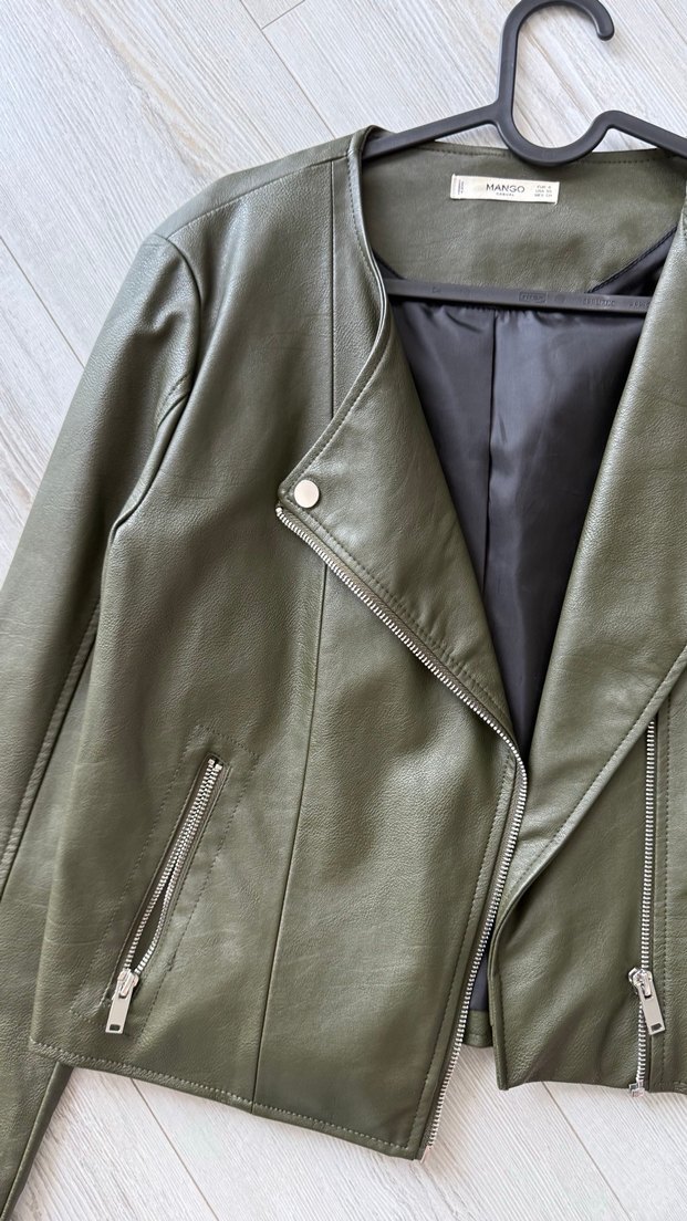 Kadın Haki Deri Biker Ceket - Görsel 3