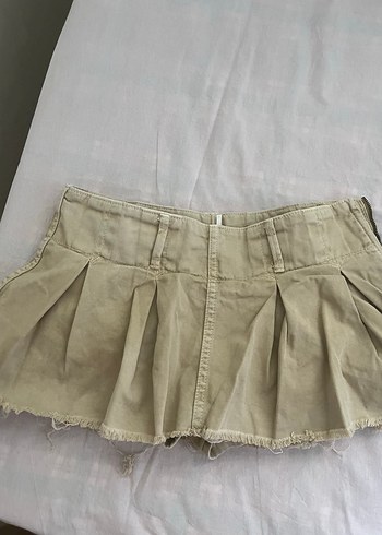 Zara Bej kot Pileli Mini şort Etek