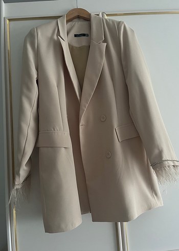 Bej Mini Düğmeli Kadın Blazer Ceket pantolon takım