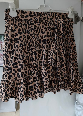 Leopar Desenli Fırfırlı Midi Etek