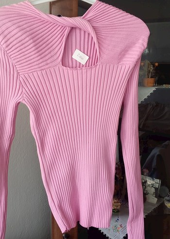 Pembe Yüksek Yakalı Fitilli Triko Kazak