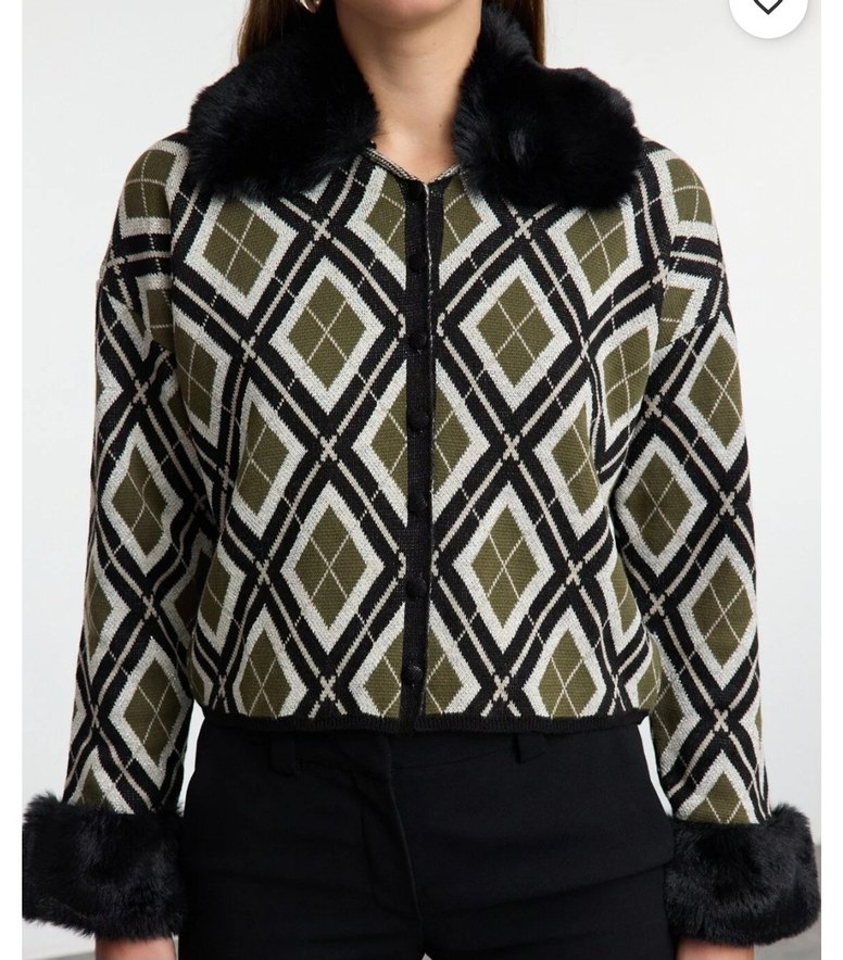 Kahverengi Kürklü Kareli Kısa Kadın Ceket - Görsel 2