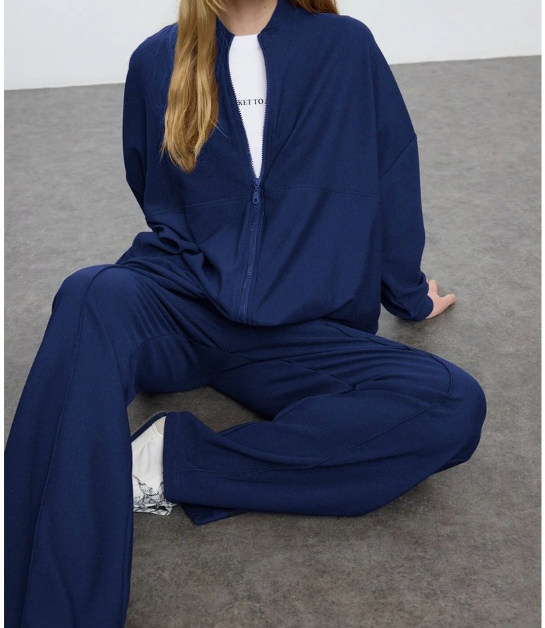 Kadın Koyu Mavi Fermuarlı Rahat Eşofman takımı - Görsel 3