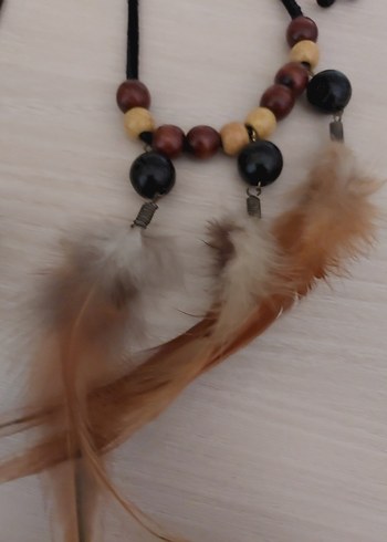 Kahverengi Bohem Kadın Kolye Tüy Detaylı - Görsel 5