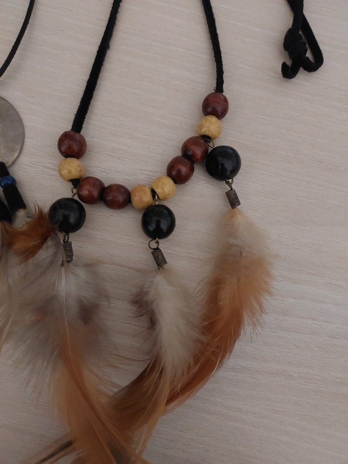 Kahverengi Bohem Kadın Kolye Tüy Detaylı - Görsel 2