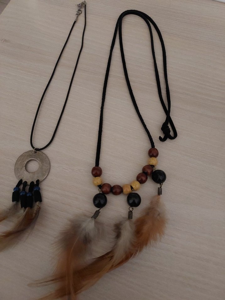 Kahverengi Bohem Kadın Kolye Tüy Detaylı - Görsel 4