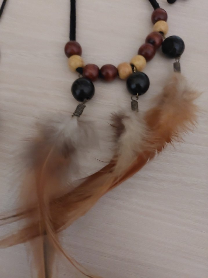 Kahverengi Bohem Kadın Kolye Tüy Detaylı - Görsel 5