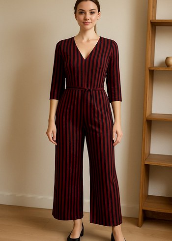 Bordo Çizgili V Yaka Midi Tulum