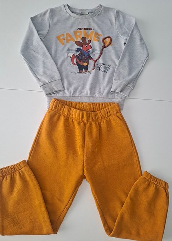 Gri Baskılı Sweatshirt ve Hardal Eşofman Altı