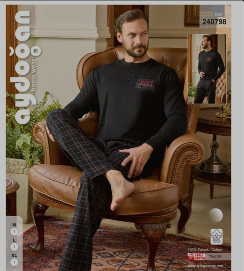 Düğmeli Siyah Erkek Pijama Takımı - Görsel 3