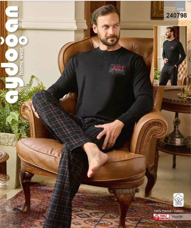 Düğmeli Siyah Erkek Pijama Takımı - Görsel 2