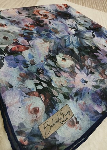 Mavi Çiçek Desenli soft pamuk Eşarp - Görsel 2