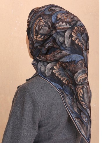 Kadın Gri mavi şal desen soft eşarp - Görsel 3