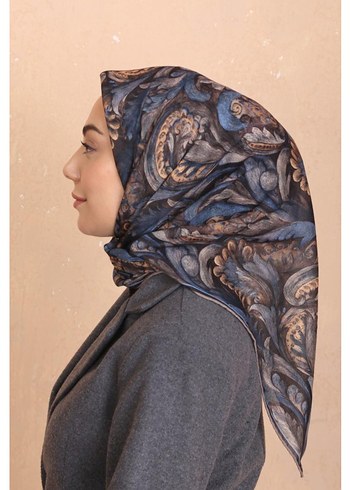 Kadın Gri mavi şal desen soft eşarp - Görsel 2